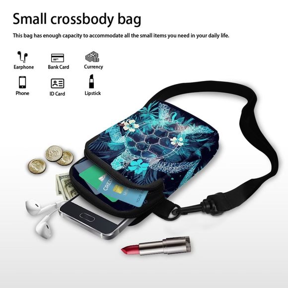 Tropical Turtle Flowers Travel Crossbody Bag Deep Blue Cell Phone Shoulder :D - Picture 5 of 7